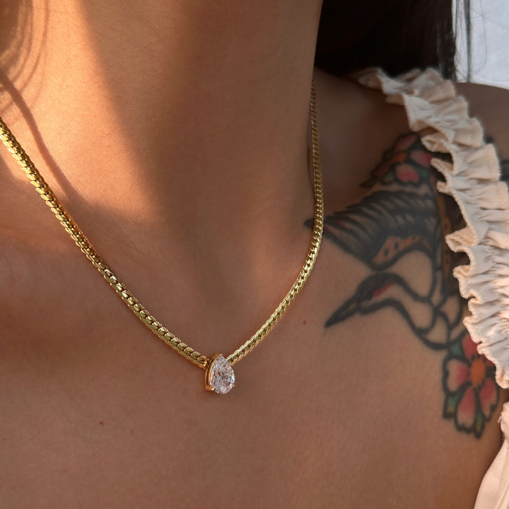 Solitaire Grace Necklace | Pear Solitaire Pendant Snake Chain | Anti-Tarnish Gold Plated