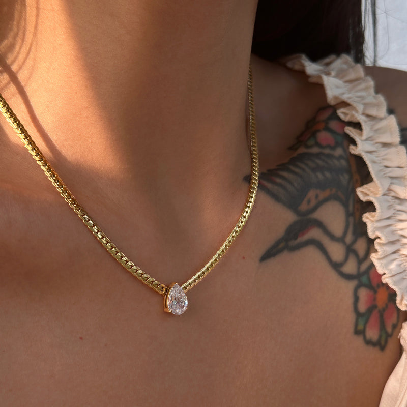 Solitaire Grace Necklace | Pear Solitaire Pendant Snake Chain | Anti-Tarnish Gold Plated