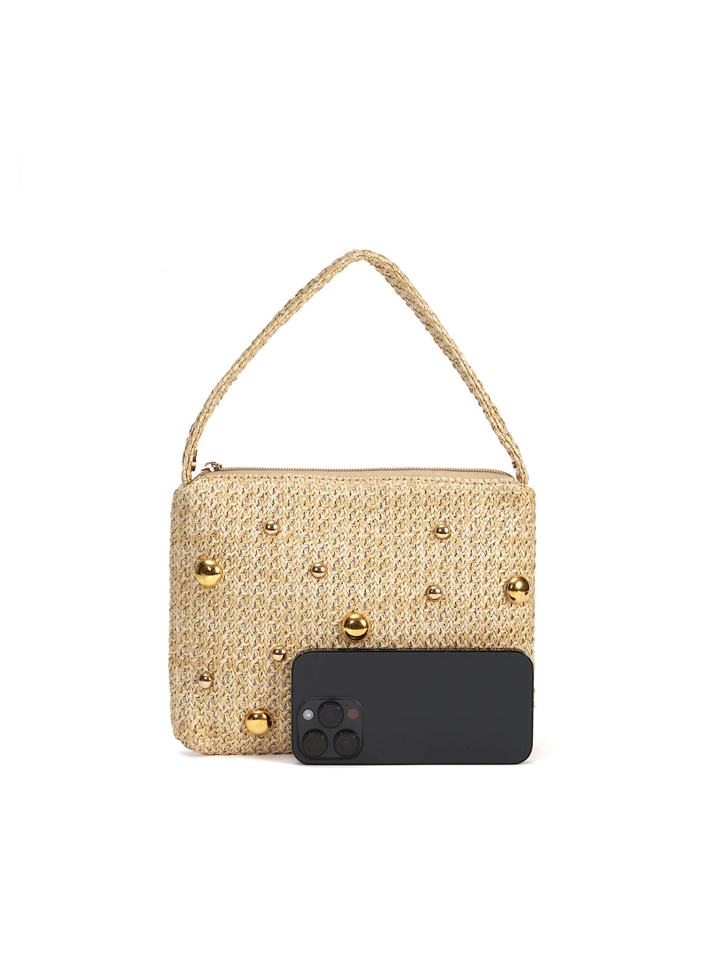 Woven handbag with a black phone case on a white background