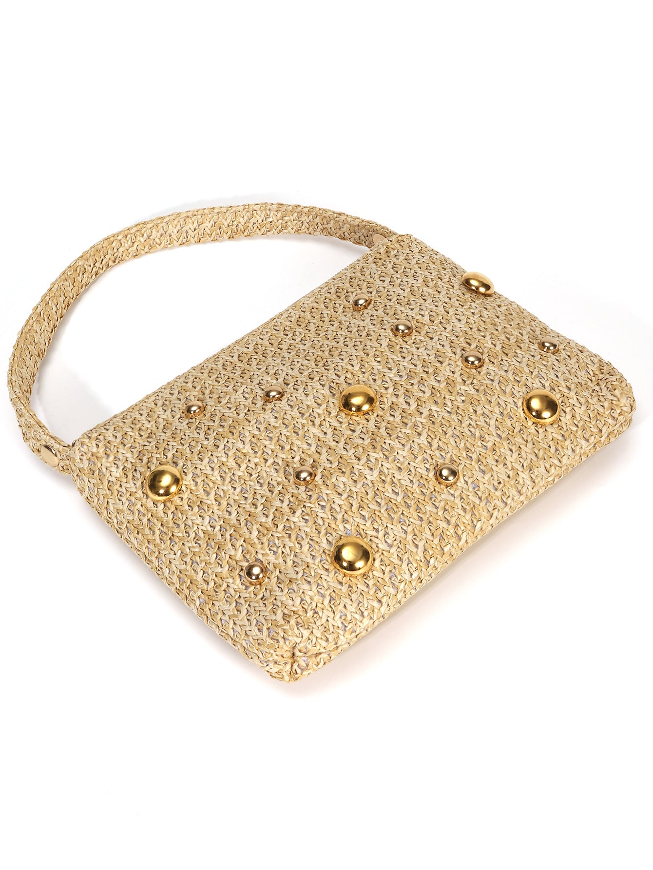 Gold handbag with decorative studs on a white background