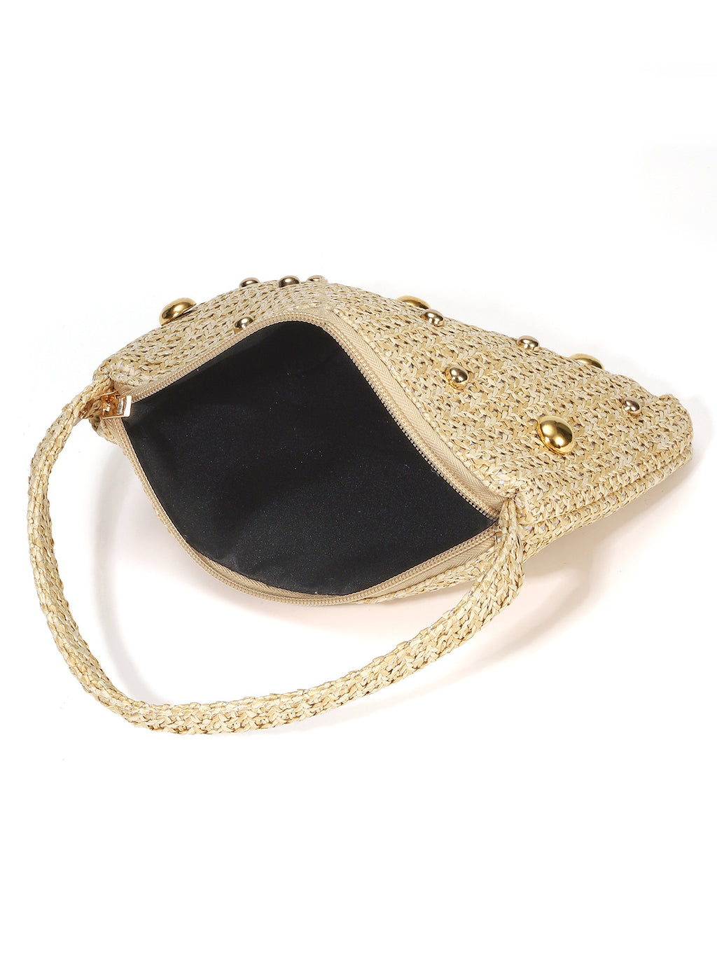 Gold handbag with decorative elements on a white background