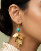 Turquoise Leaf Cascade Drop Earrings | Gold-Tone Statement Earrings