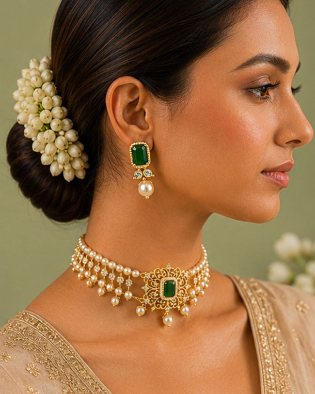 Rajwada Pearl Choker Set | CZ & Gemstone Bridal Necklace Set Main Image