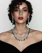 Emerald Fringe CZ Necklace Set | Rhodium-Plated Green & White Cubic Zirconia Cocktail Statement Jewellery