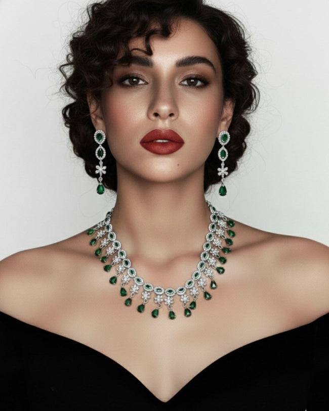 Emerald Fringe CZ Necklace Set | Rhodium-Plated Green & White Cubic Zirconia Cocktail Statement Jewellery Hover Image
