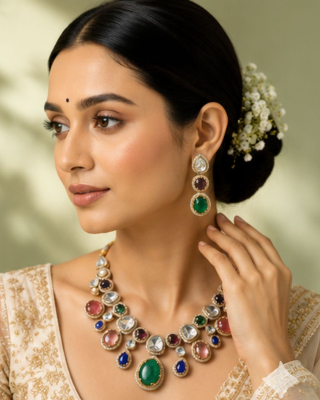 Sabhyaraa Royal Navratna Kundan Bridal Set (Necklace & Earrings) | Heavy 18K Gold Plated Jewellery