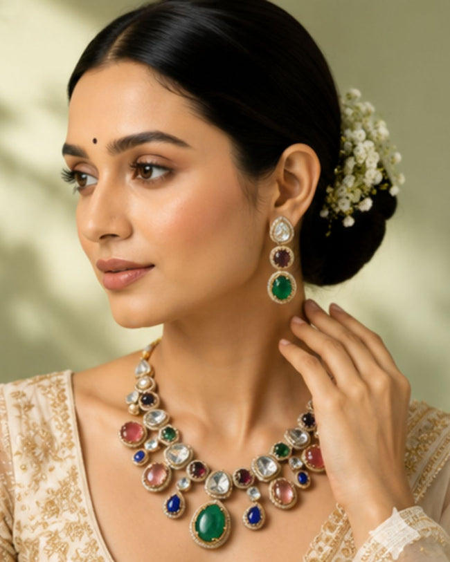 Sabhyaraa Royal Navratna Kundan Bridal Set (Necklace & Earrings) | Heavy 18K Gold Plated Jewellery Main Image