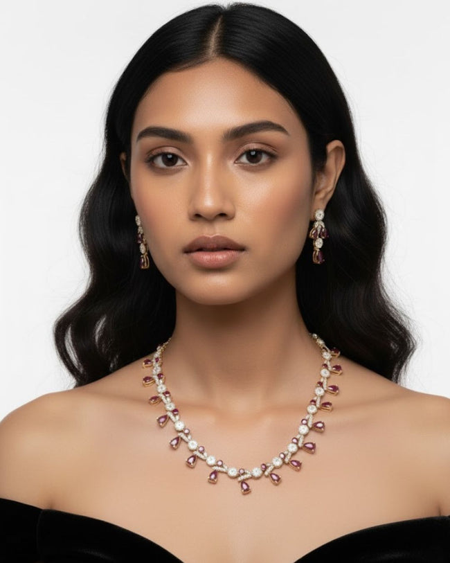 Ruby Teardrop Pavé Necklace Set with Earrings | 18K Gold Plated Red & White Stone Studded Cocktail Jewellery Hover Image