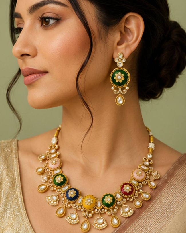 Rang Noor Heavy Multicoloured Bridal Set | 18K Gold Plated Festive & Wedding Statement Jewellery Main Image