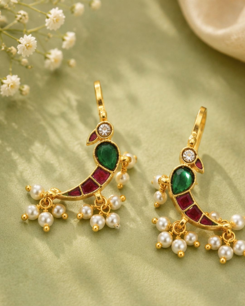 Mayura Green Red White Parrot Ear Cuff with Pearl Drops | Wear as Bugadi or Hair Pin Alloy Drops & Danglers, Cuff Earring