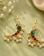 Mayura Green Red White Parrot Ear Cuff with Pearl Drops | Wear as Bugadi or Hair Pin Alloy Drops & Danglers, Cuff Earring