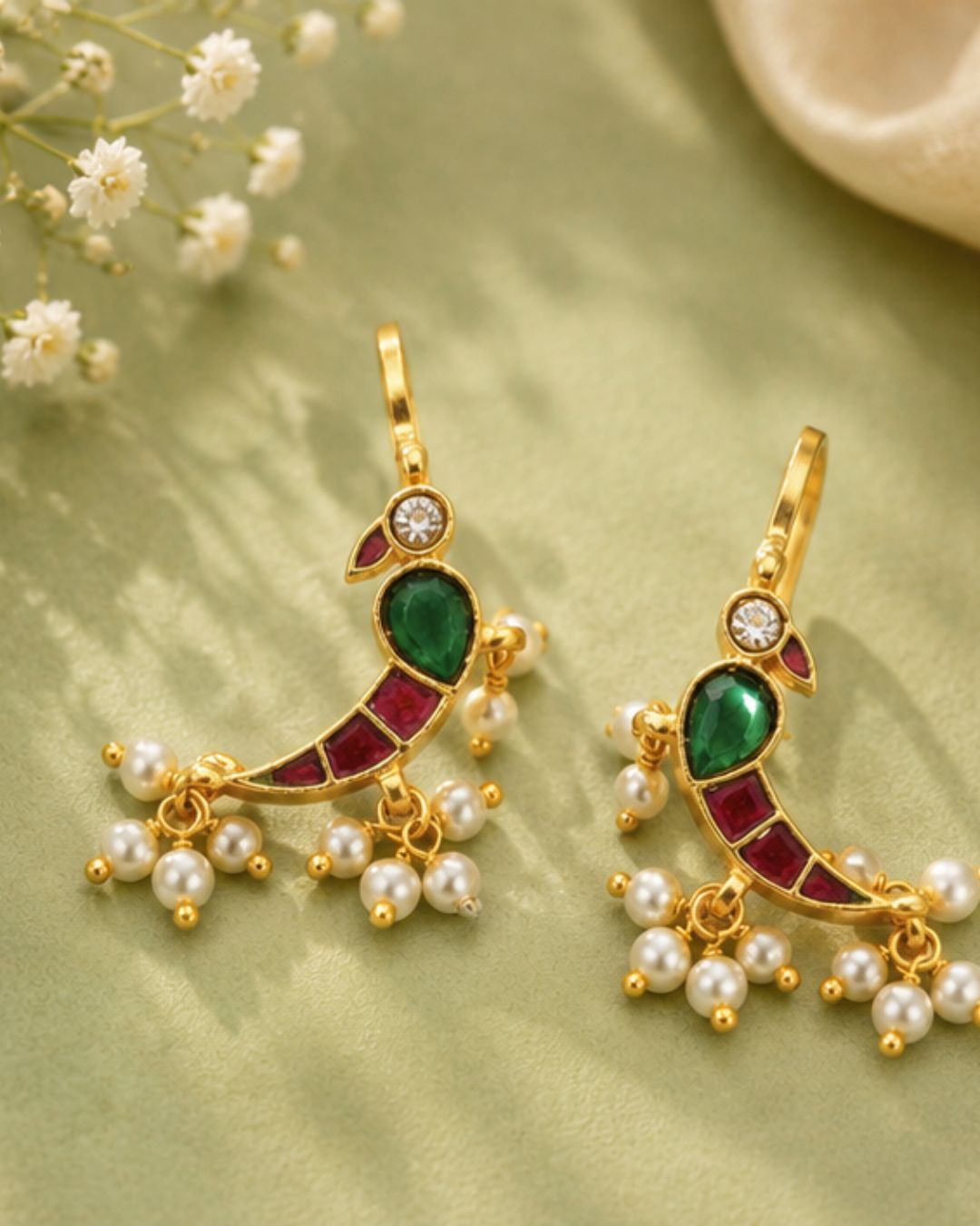 Mayura Green Red White Parrot Ear Cuff with Pearl Drops | Wear as Bugadi or Hair Pin Alloy Drops & Danglers, Cuff Earring