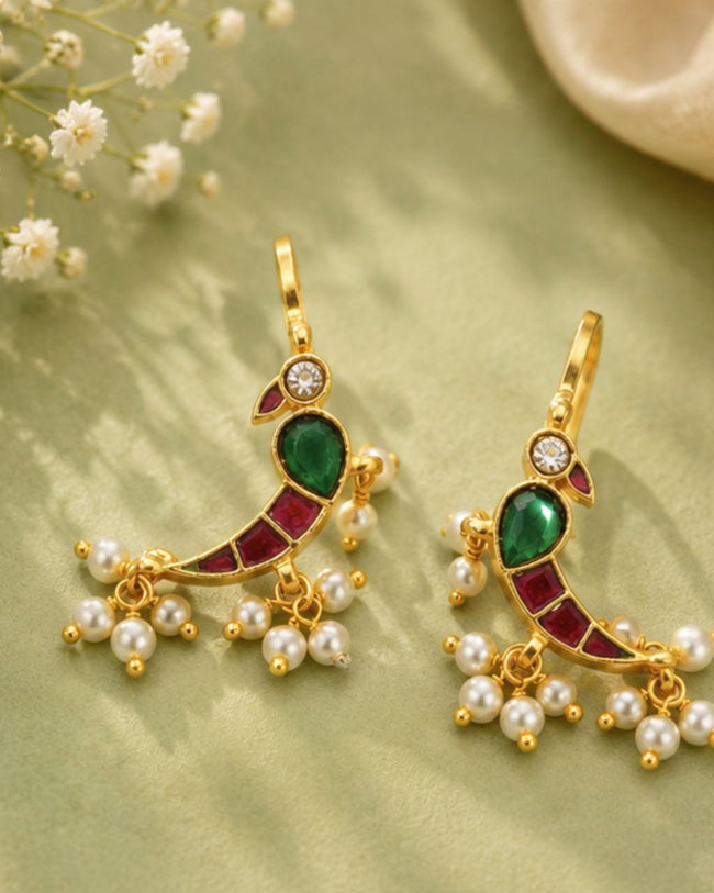 Mayura Green Red White Parrot Ear Cuff with Pearl Drops | Wear as Bugadi or Hair Pin Alloy Drops & Danglers, Cuff Earring Hover Image