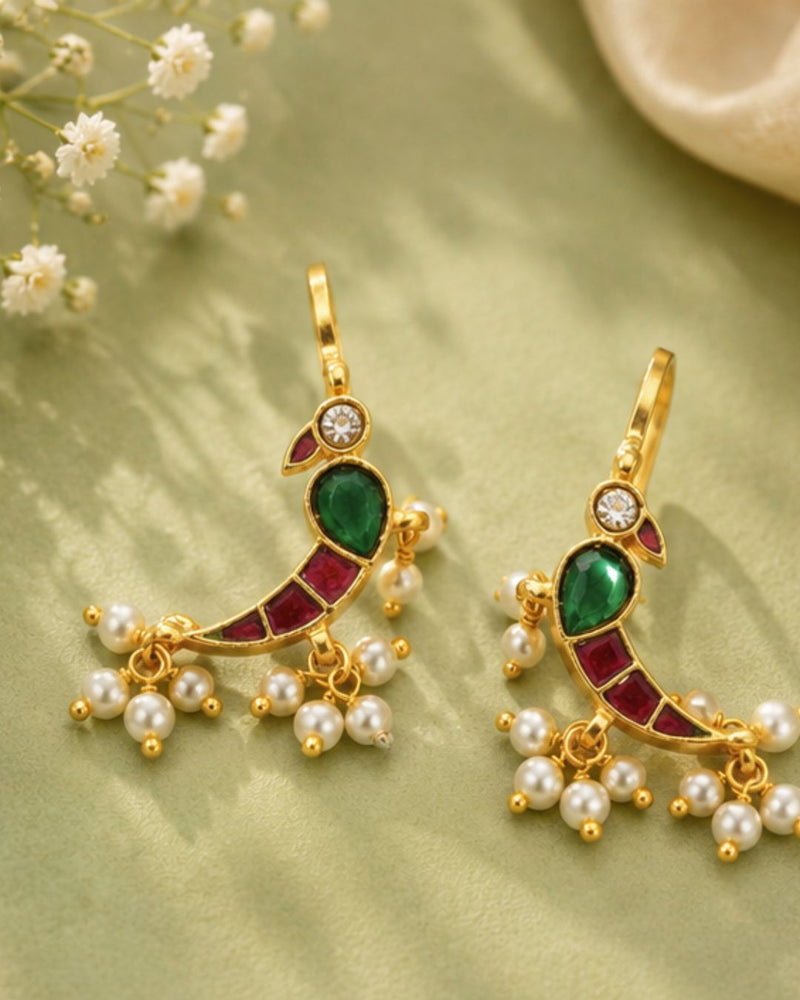 Mayura Green Red White Parrot Ear Cuff with Pearl Drops | Wear as Bugadi or Hair Pin Alloy Drops & Danglers, Cuff Earring