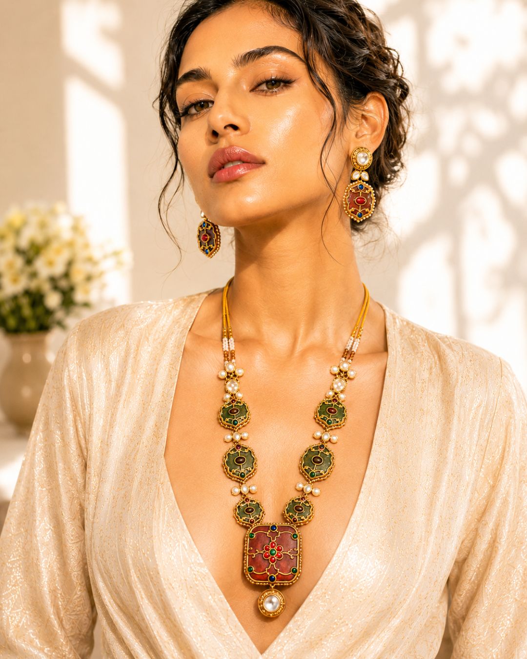 Rang Mahal Pink & Green Kundan Necklace Set | Multi-Color 18K Gold Plated Bridal & Festive Statement Jewellery