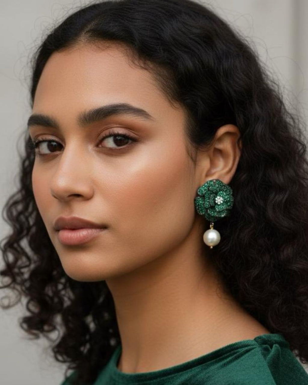Green Stone Flower Pearl Drop Earrings | Floral Dangler Earrings for Women | 18K Gold Plated Jewellery