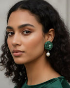 Green Stone Flower Pearl Drop Earrings | Floral Dangler Earrings for Women | 18K Gold Plated Jewellery