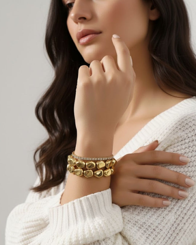 Set of 3 Stretchable Stone Studded Wraparound Bracelets | 18K Gold Plated Stainless Steel Set Hover Image
