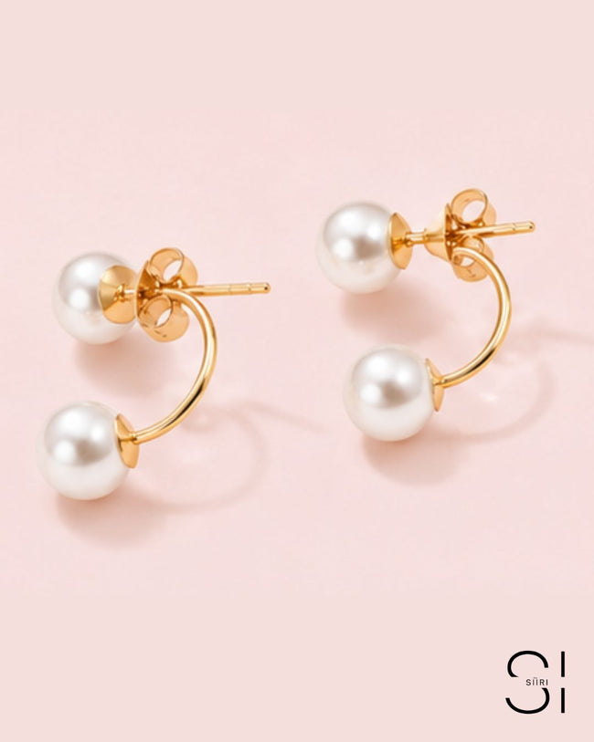 Luna Pearl Ear Jacket Earrings | 18K Gold Plated Double Pearl Stud Earrings Hover Image