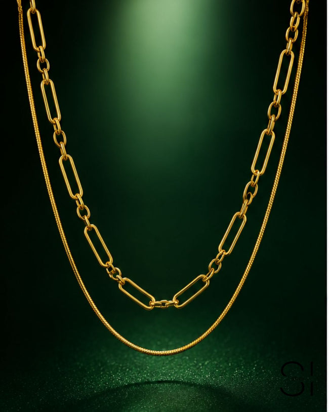 Dual Layer Chain Necklace | 18K Gold Plated Layered Snake & Link Chain Necklace Hover Image