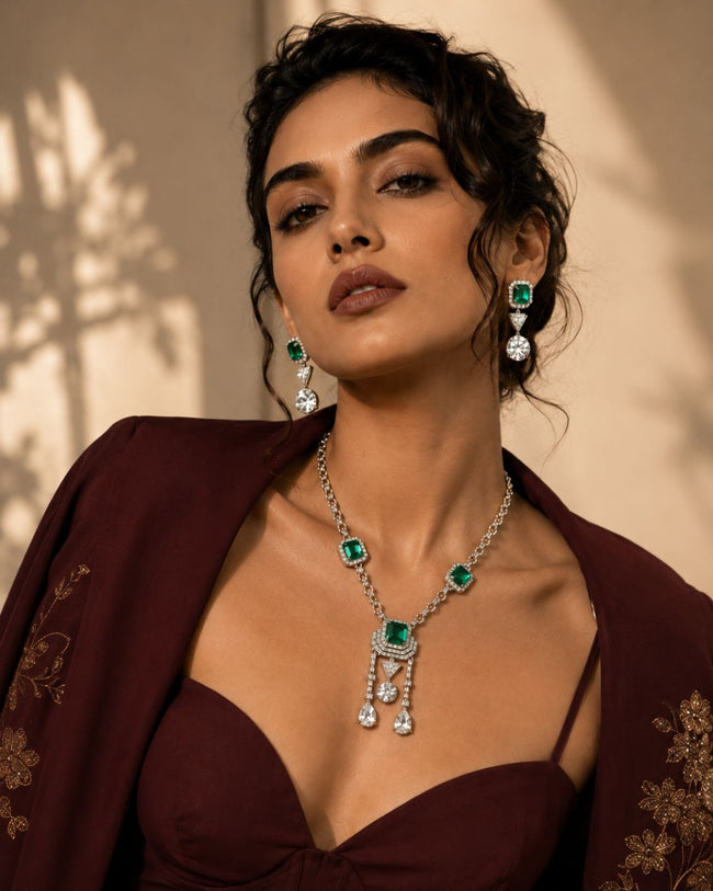 Emerald Asteria American Diamond Necklace Set | Green Stone CZ Chain Link & Diamond Drop Statement Jewellery Hover Image