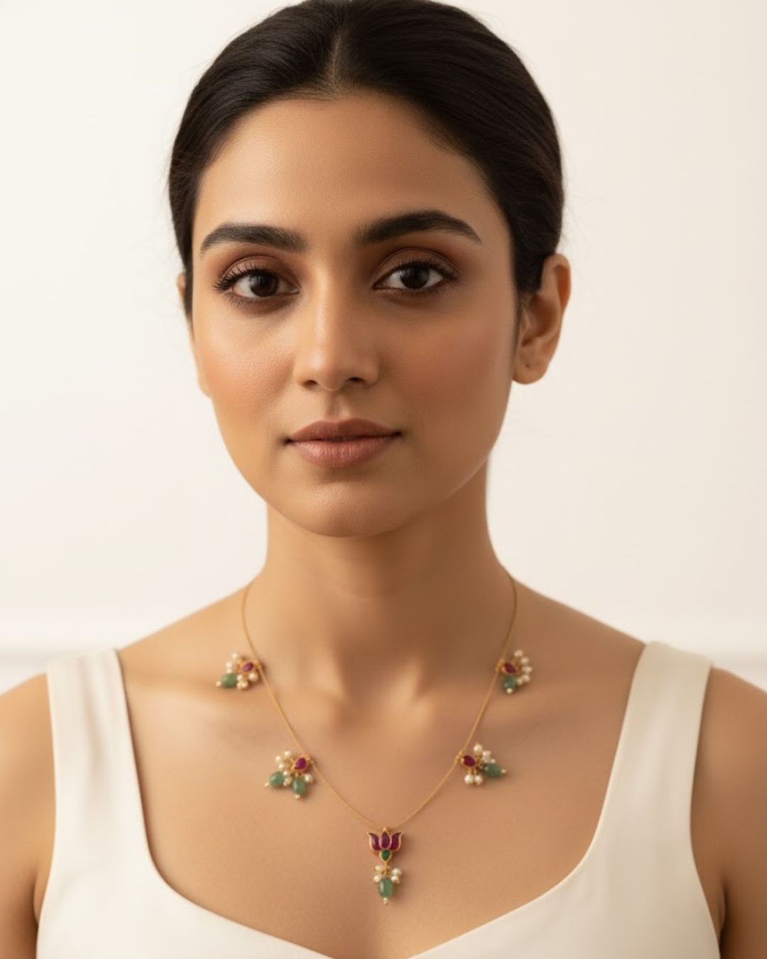 Red Green White Kundan Wire Necklace with Lotus Design | 18K Gold Plated Traditional Jewellery