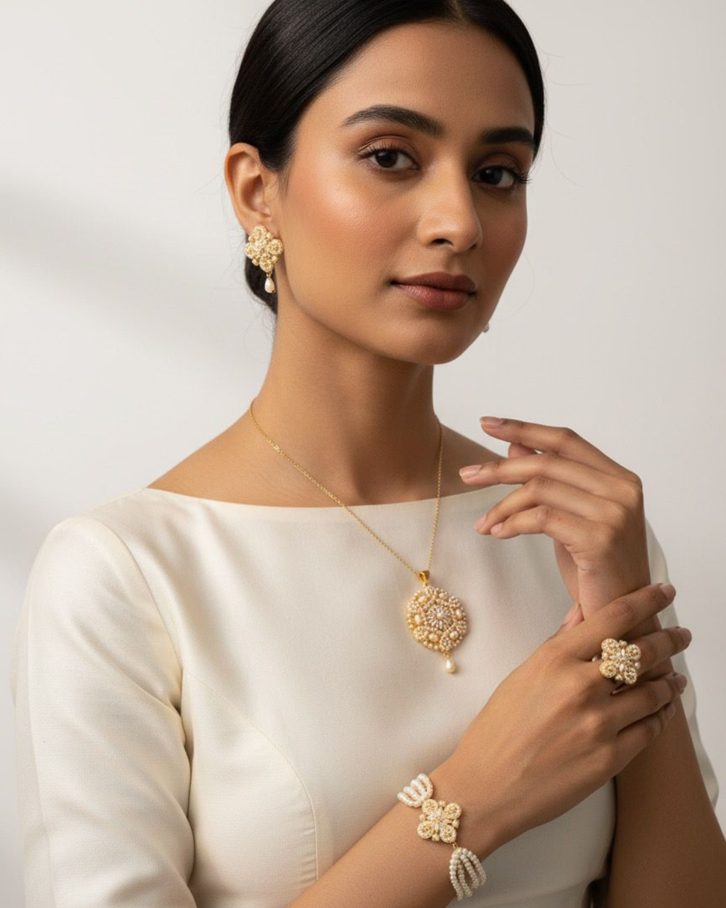 White Pearl Floral Jewellery Set | Gold-Plated Pendant, Earrings, Bracelet & Ring Festive Set