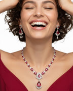 Ruby Teardrop CZ Necklace Set | Rhodium-Plated Red & White Cubic Zirconia Festive Statement Jewellery