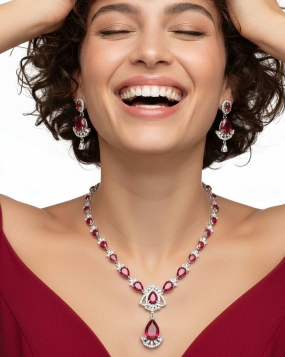 Ruby Teardrop CZ Necklace Set | Rhodium-Plated Red & White Cubic Zirconia Festive Statement Jewellery