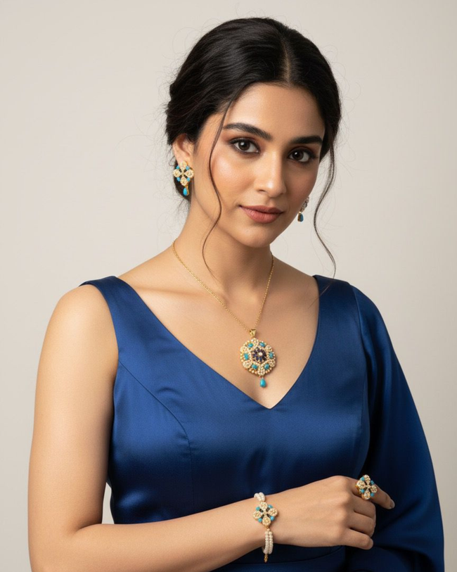 White Pearl Floral Jewellery Set | Gold-Plated Pendant, Earrings, Bracelet & Ring Festive Set Main Image
