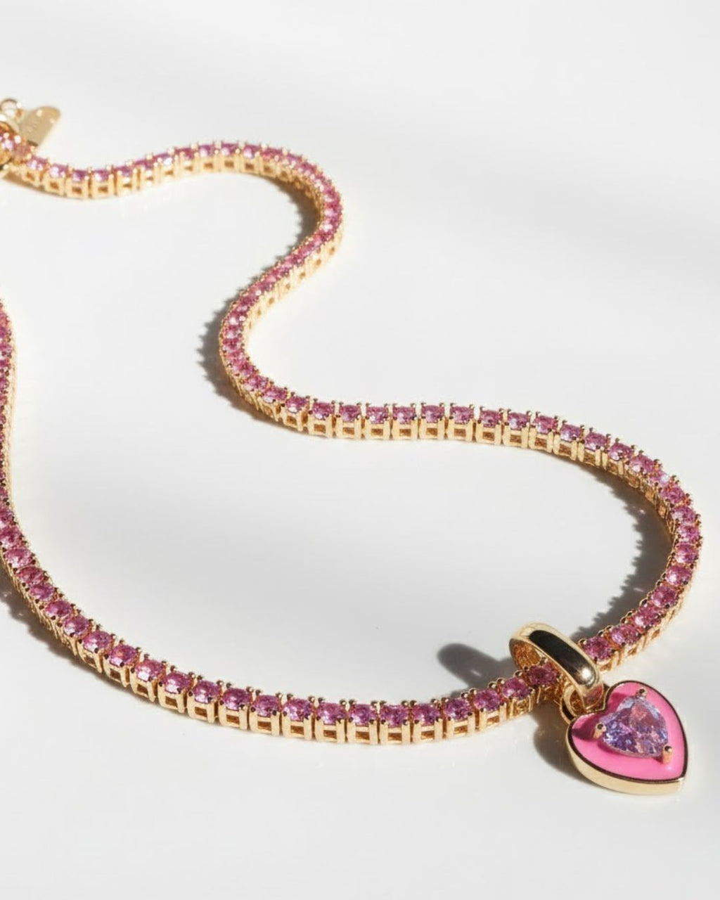 Pink Heart Tennis Chain Necklace | Premium Anti-Tarnish Heart Pendant Necklace | Trendy Everyday Statement Jewellery