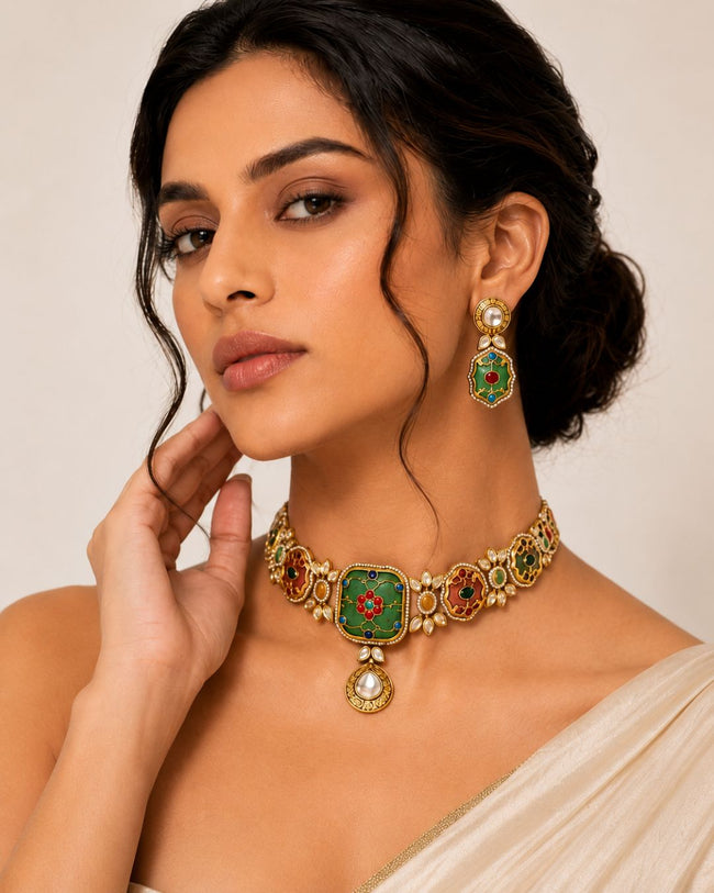 Rang Mahal Pink & Green Kundan Choker Set | Women’s Multi-Color 18K Gold Plated Bridal Jewellery Hover Image