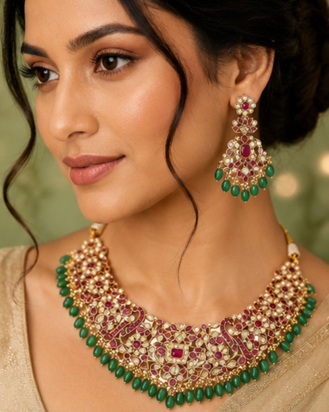 Zarmina Polki Emerald Bridal Necklace Set | 18K Gold Plated Green Beads, Red & White Stone Statement Jewellery