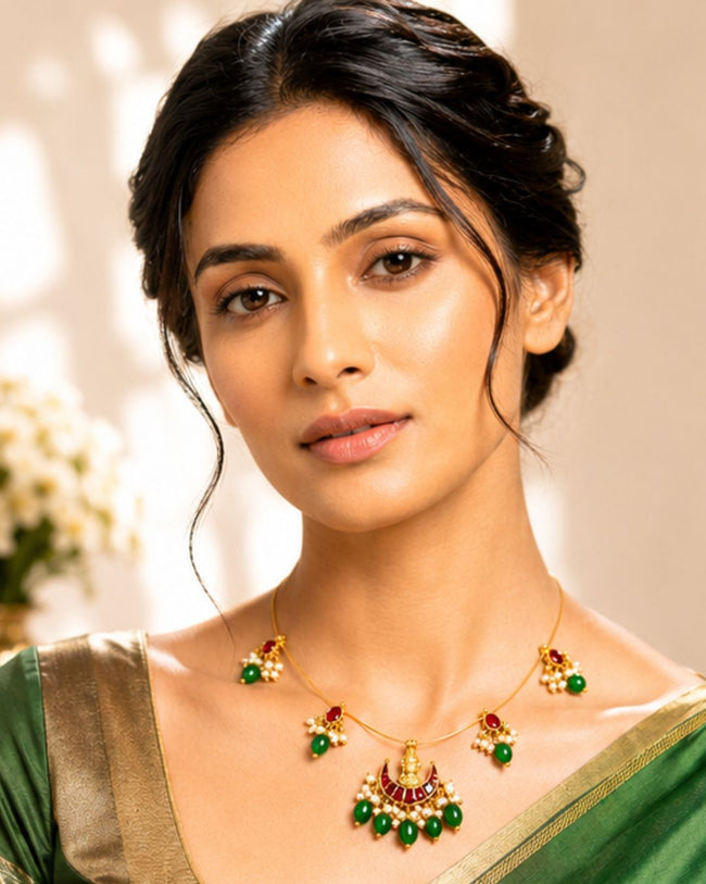 Lakshmi Kundan Pearl Wire Necklace | Temple Festive Jewellery | 18K Gold Plated Ruby & Pearl Necklace Hover Image