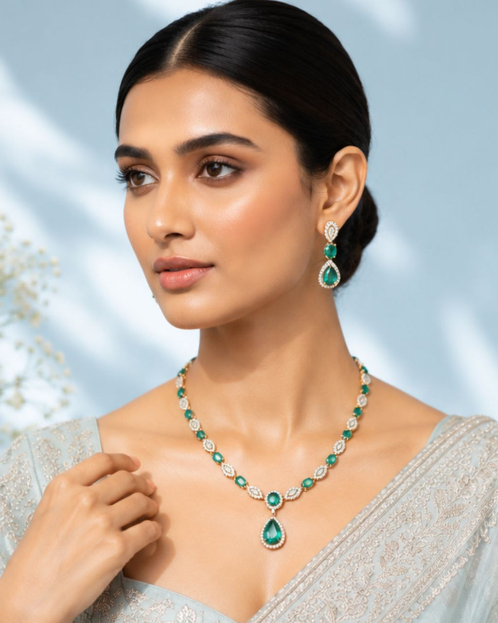 Emerald Halo Link Necklace Set | 18K Gold Plated Green & White Stone Studded Indian Cocktail Jewellery