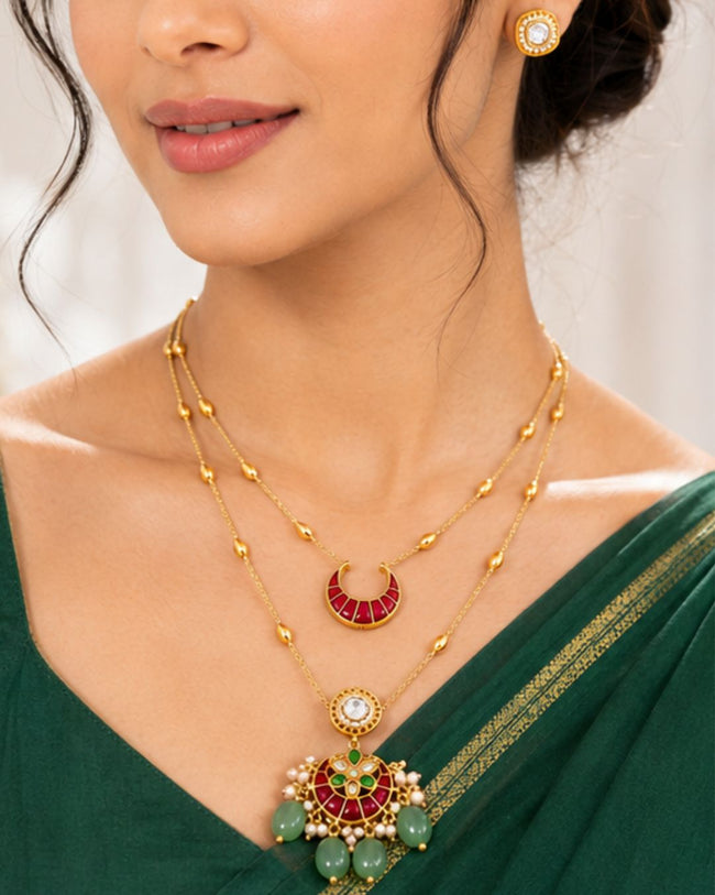 Noor Chand Kundan Necklace & Earrings Set | Women’s Multi-Color Double Layer 18K Gold Plated Festive Jewellery Hover Image