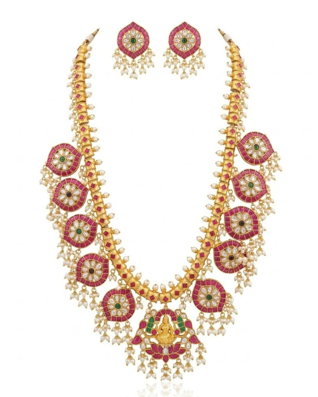 Padmavalli Lakshmi Bridal Haar Set | 18K Gold Plated Red, Green Guttapusalu & Pearl Drop Statement Jewellery