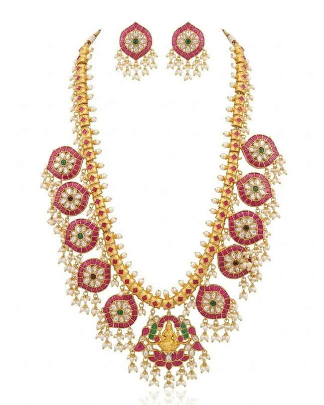 Padmavalli Lakshmi Bridal Haar Set | 18K Gold Plated Red, Green Guttapusalu & Pearl Drop Statement Jewellery Main Image