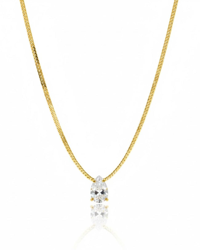 Solitaire Grace Necklace | Pear Solitaire Pendant Snake Chain | Anti-Tarnish Gold Plated Hover Image