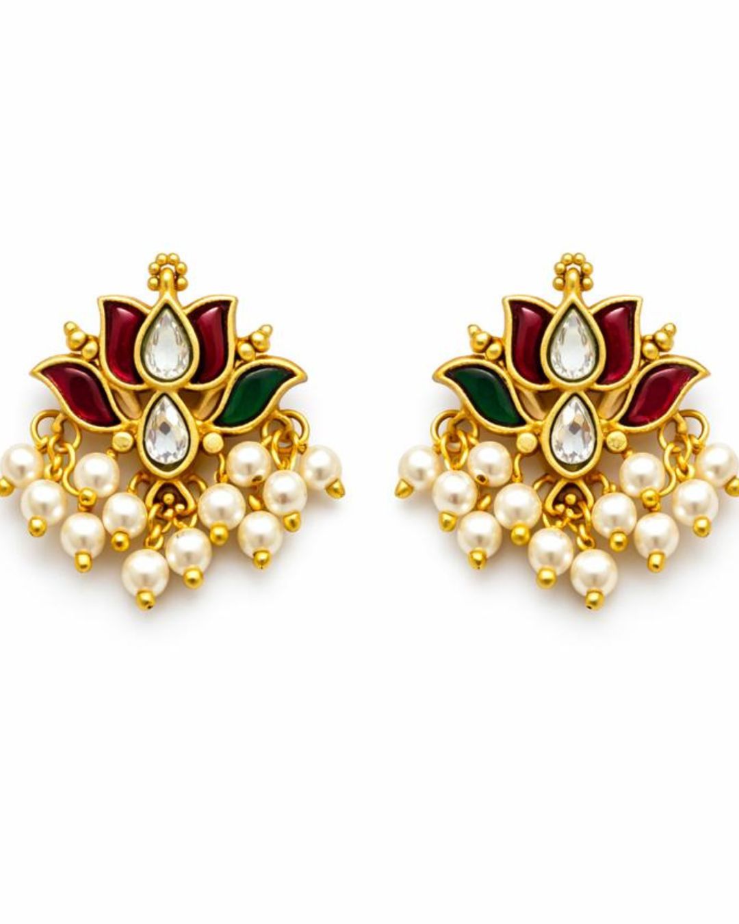 Padma Mini Lotus Kundan Pearl Stud Earrings | Delicate Lotus Kundan Studs | Traditional & Festive Jewellery