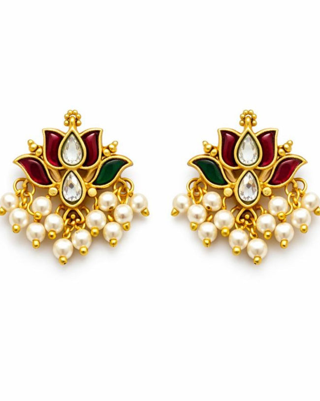 Padma Mini Lotus Kundan Pearl Stud Earrings | Delicate Lotus Kundan Studs | Traditional & Festive Jewellery Hover Image