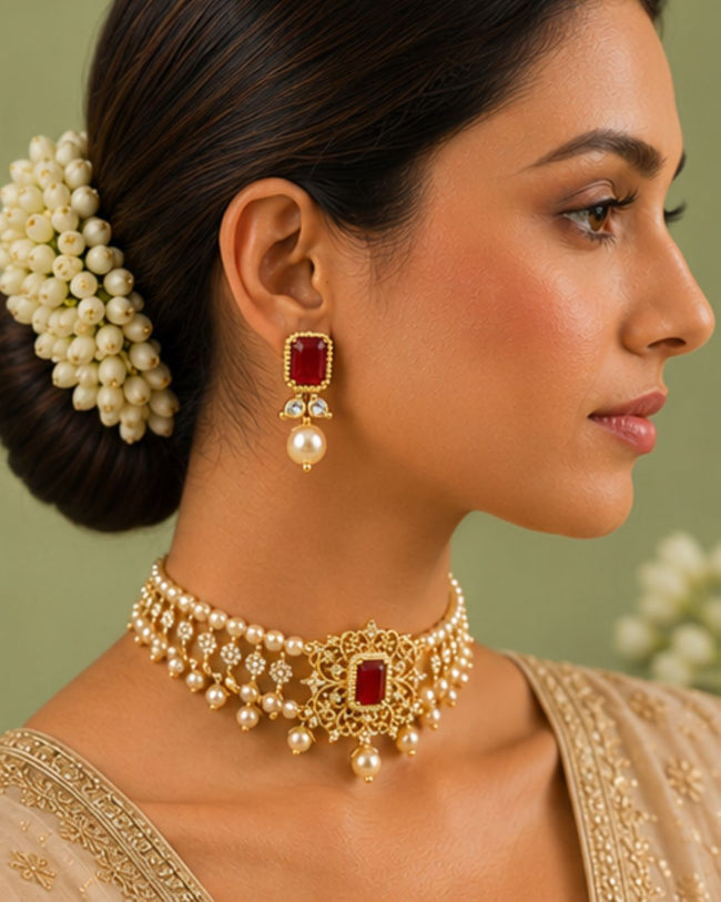 Rajwada Pearl Choker Set | CZ & Gemstone Bridal Necklace Set Hover Image