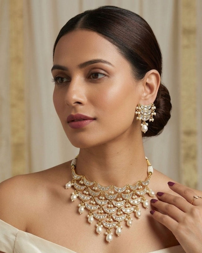 Noor Pearl Cascade Choker Set | CZ Bridal & Festive Jewellery (White/Red) Main Image