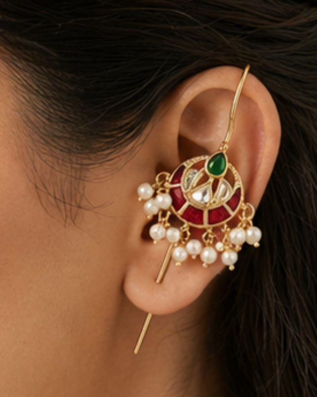 Vira Temple Pearl Ear Cuff | Temple Design Sui Dhaaga Stick Earrings | 18K Gold Plated Jewellery Hover Image
