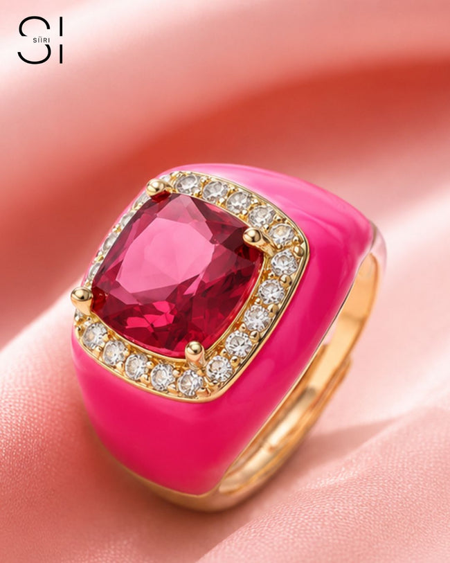 Rosé Royale Crystal Ring | Adjustable Enamel Cocktail Ring Hover Image