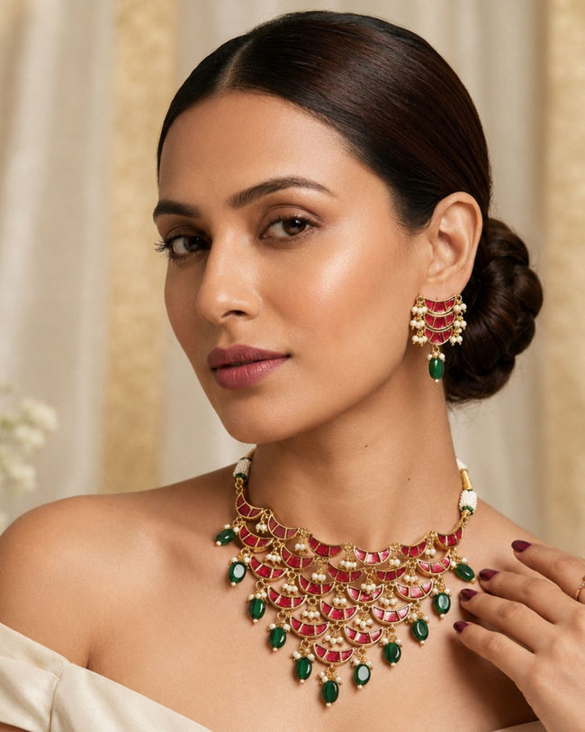 Noor Pearl Cascade Choker Set | CZ Bridal & Festive Jewellery (White/Red) Hover Image