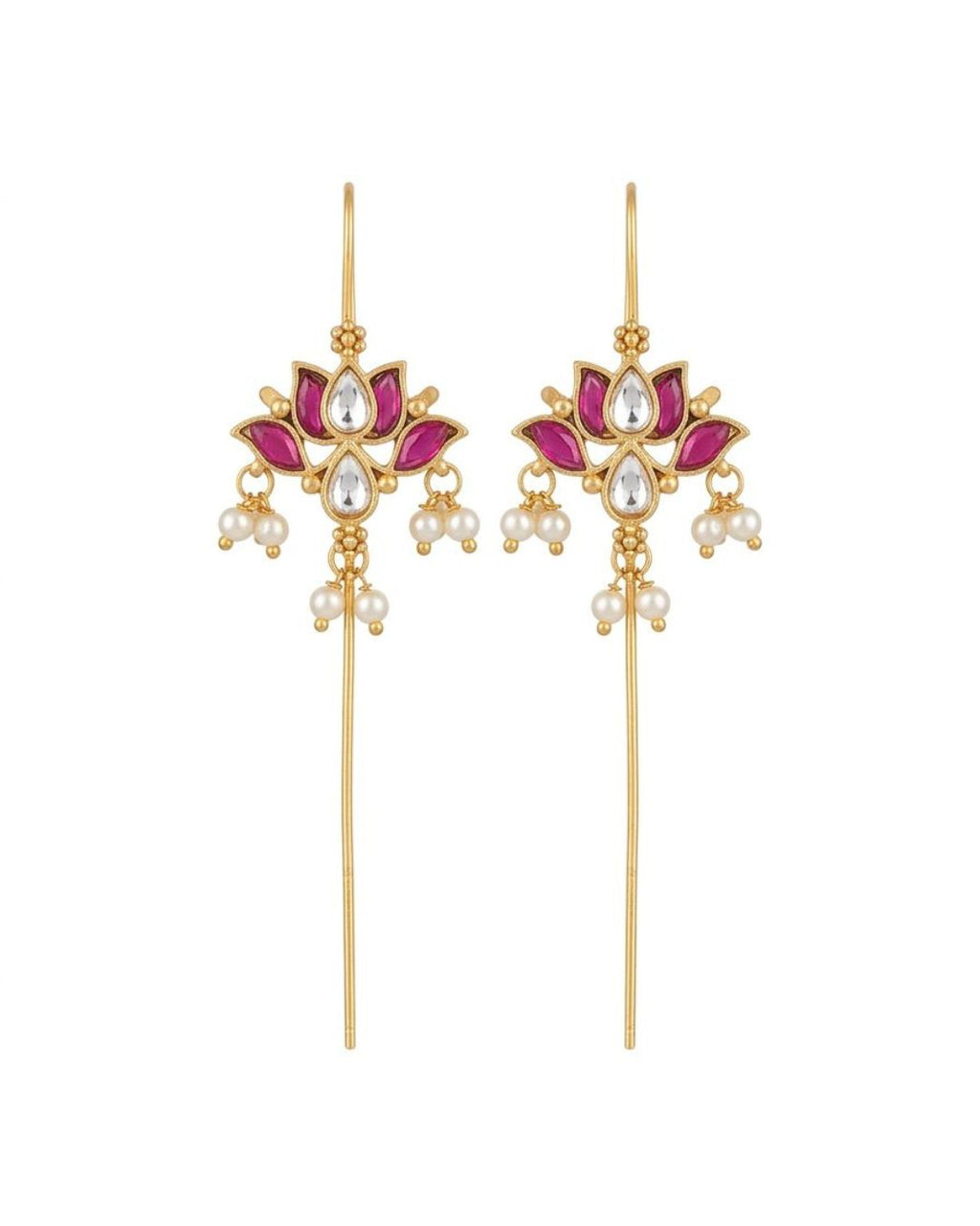 Padma Lotus Ear Cuff Earrings with Kundan, Pearl Drops & Sui Dhaaga Design | 18K Gold Plated