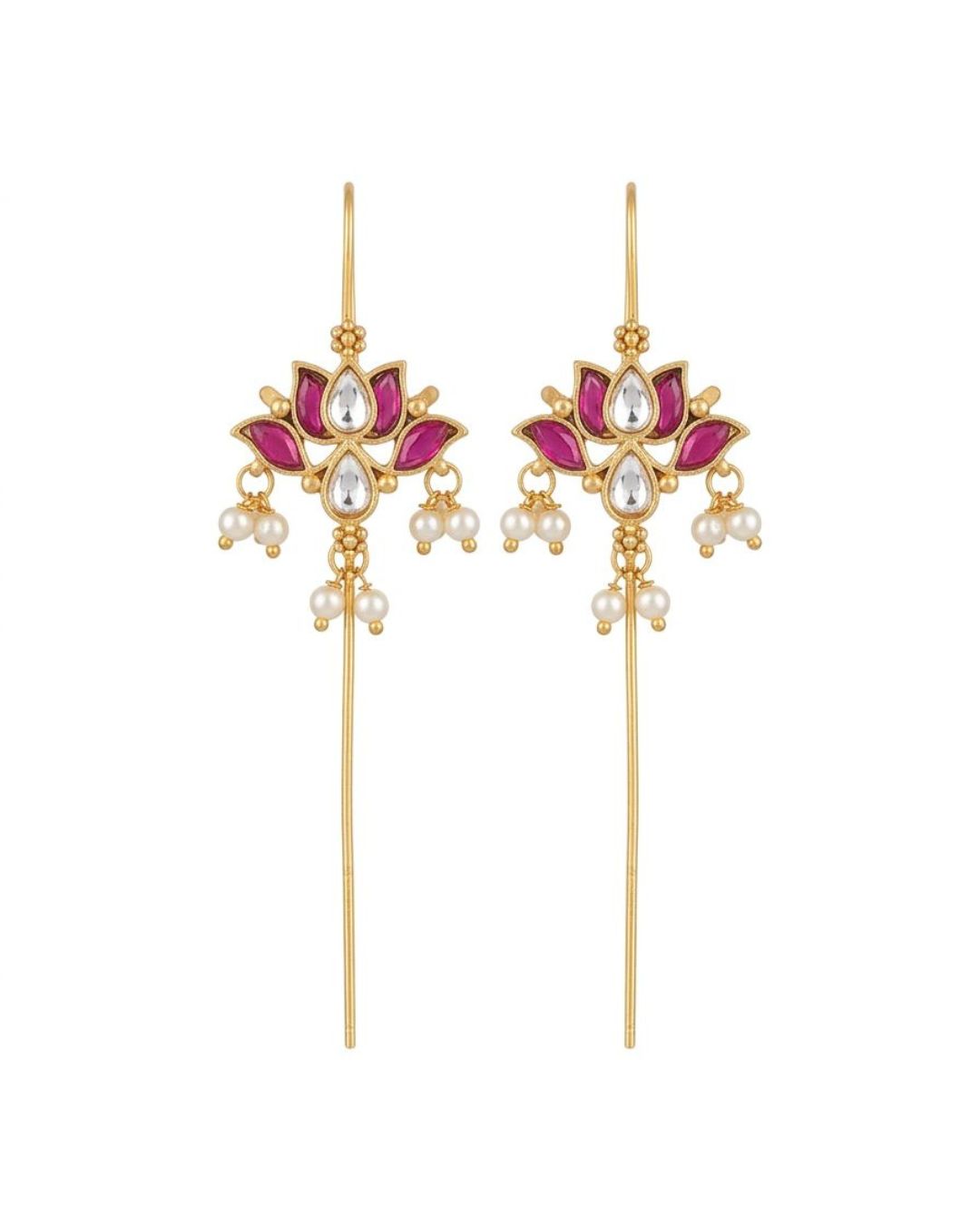 Padma Lotus Ear Cuff Earrings with Kundan, Pearl Drops & Sui Dhaaga Design | 18K Gold Plated