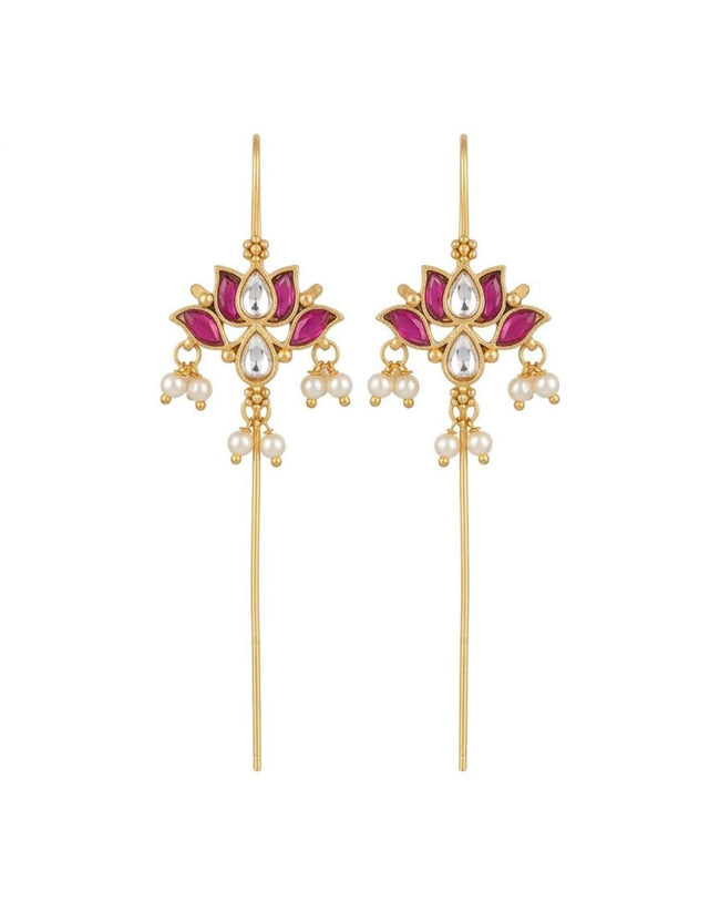 Padma Lotus Ear Cuff Earrings with Kundan, Pearl Drops & Sui Dhaaga Design | 18K Gold Plated Hover Image