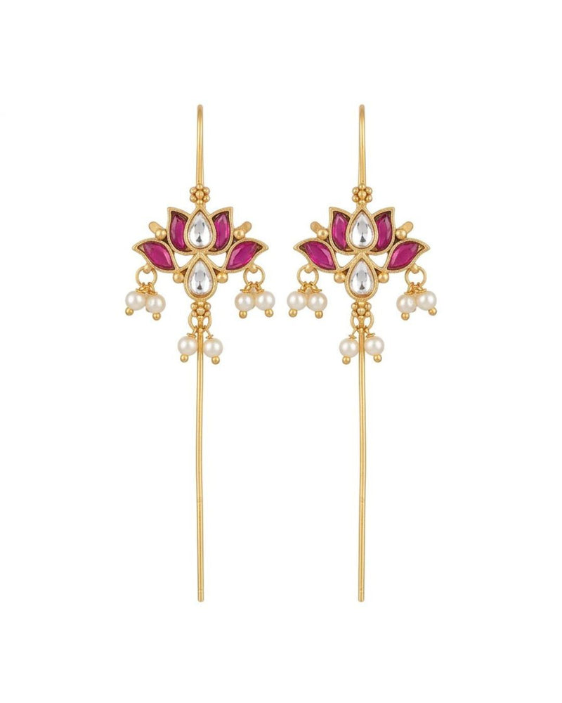 Padma Lotus Ear Cuff Earrings with Kundan, Pearl Drops & Sui Dhaaga Design | 18K Gold Plated